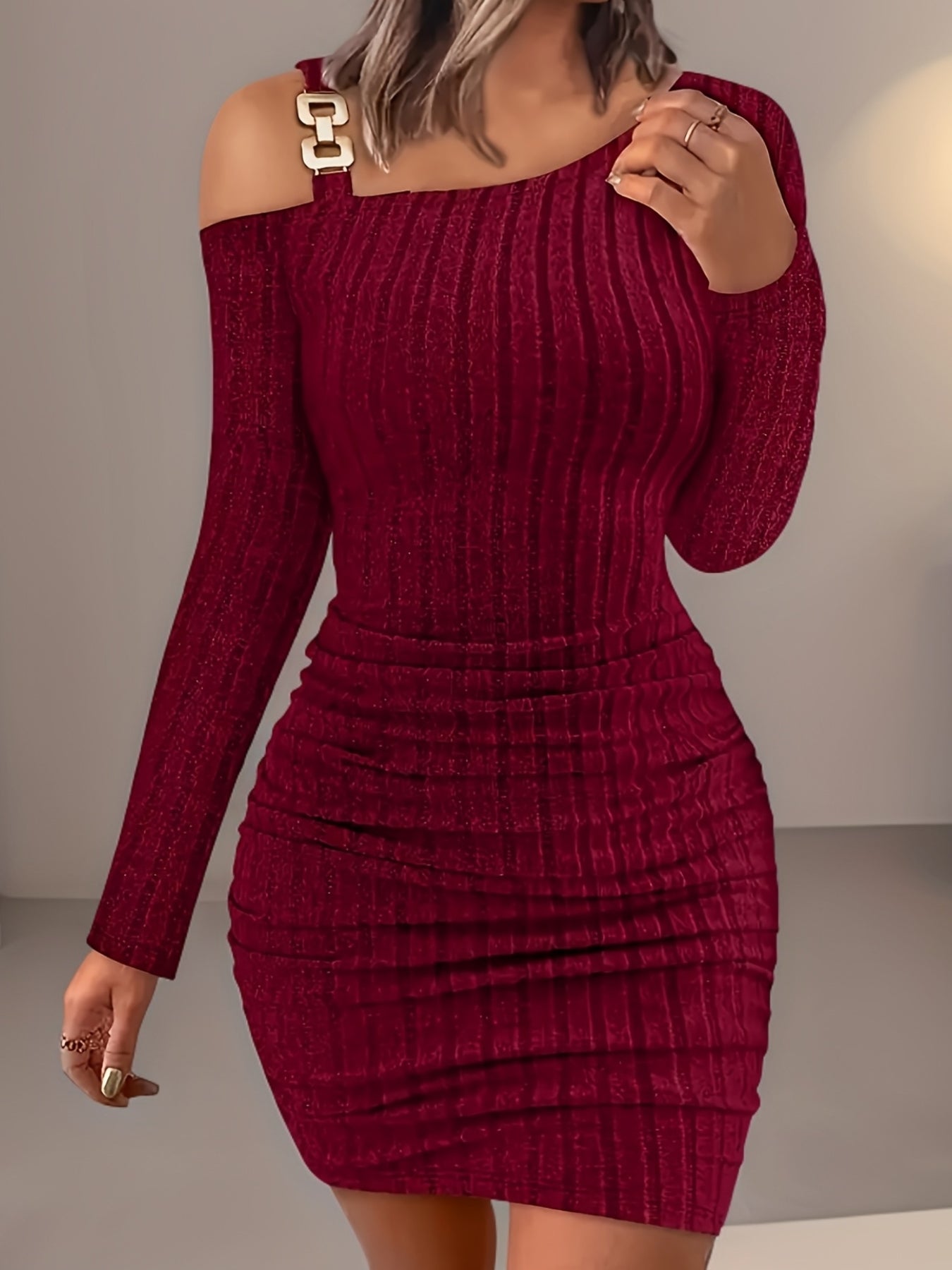 Women's Elegant Off - Shoulder Bodycon Dress - High Elasticity Stretch Fabric, Mid - Length Long Sleeve, Deep Red Solid Color, Machine Washable for Fall/Winter - GoDiscount