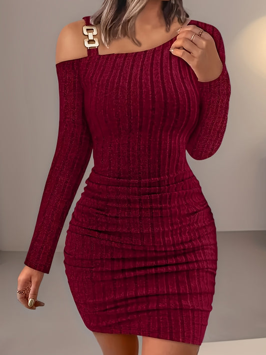 Women's Elegant Off - Shoulder Bodycon Dress - High Elasticity Stretch Fabric, Mid - Length Long Sleeve, Deep Red Solid Color, Machine Washable for Fall/Winter - GoDiscount