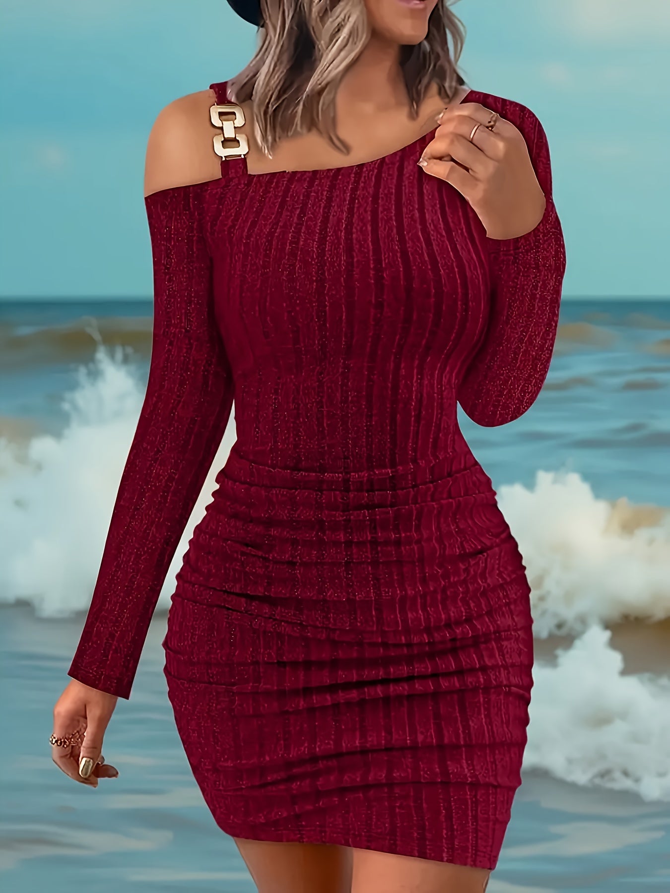 Women's Elegant Off - Shoulder Bodycon Dress - High Elasticity Stretch Fabric, Mid - Length Long Sleeve, Deep Red Solid Color, Machine Washable for Fall/Winter - GoDiscount