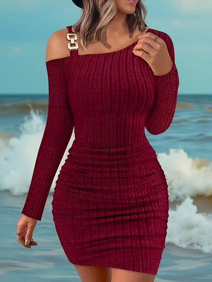 Women's Elegant Off - Shoulder Bodycon Dress - High Elasticity Stretch Fabric, Mid - Length Long Sleeve, Deep Red Solid Color, Machine Washable for Fall/Winter - GoDiscount