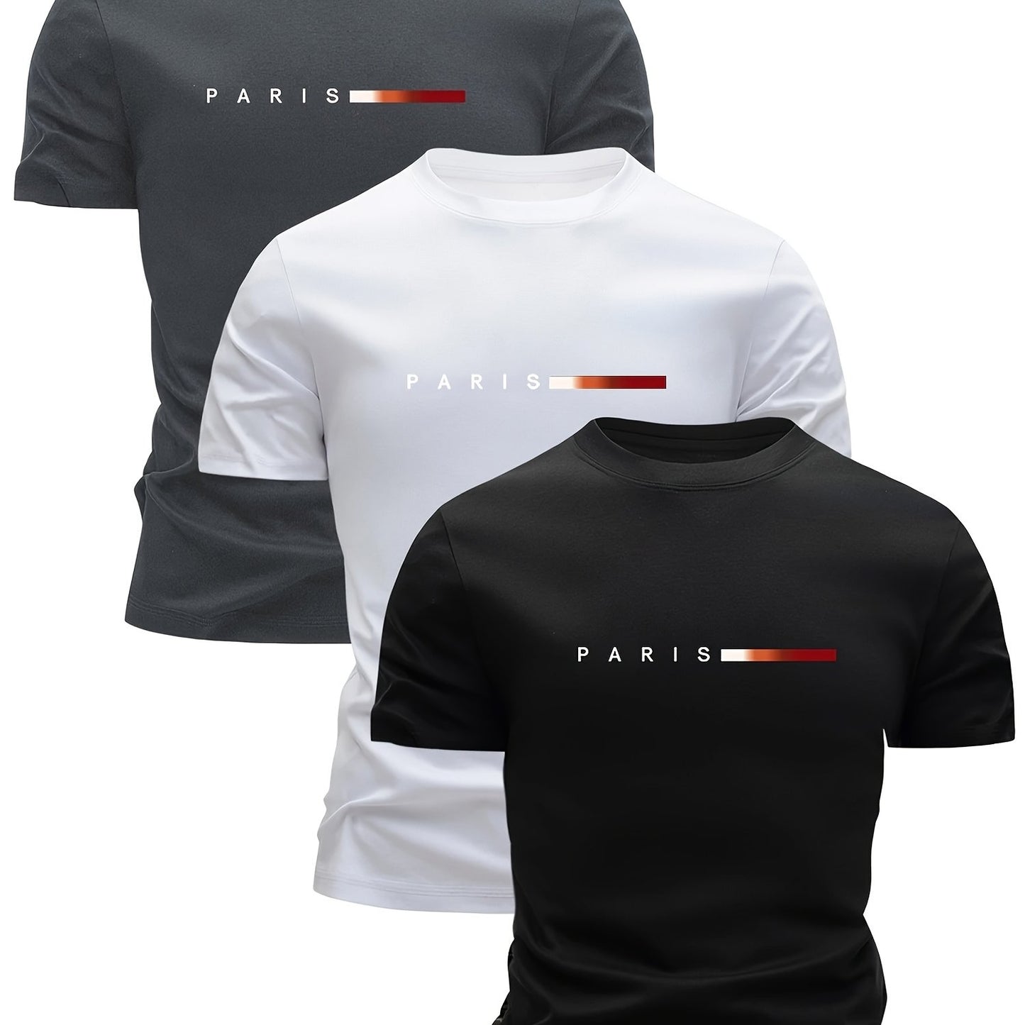 3pcs Men'S Lightweight Breathable T-Shirts - Quick - Dry Moisture - Wicking Round Neck Tops with Paris Print, All - Season Casual & Formal Wear, Sweat - Resistant - GoDiscount