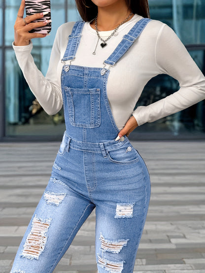 Women'S Casual Denim Overalls & Long Sleeve Top - Stretch Washed Blue with Distressed Details, Adjustable Straps, and Pockets, Perfect for Spring/Summer/Fall, Spring Summer Fashion | Distressed Denim Look | Medium Stretch Fab - GoDiscount