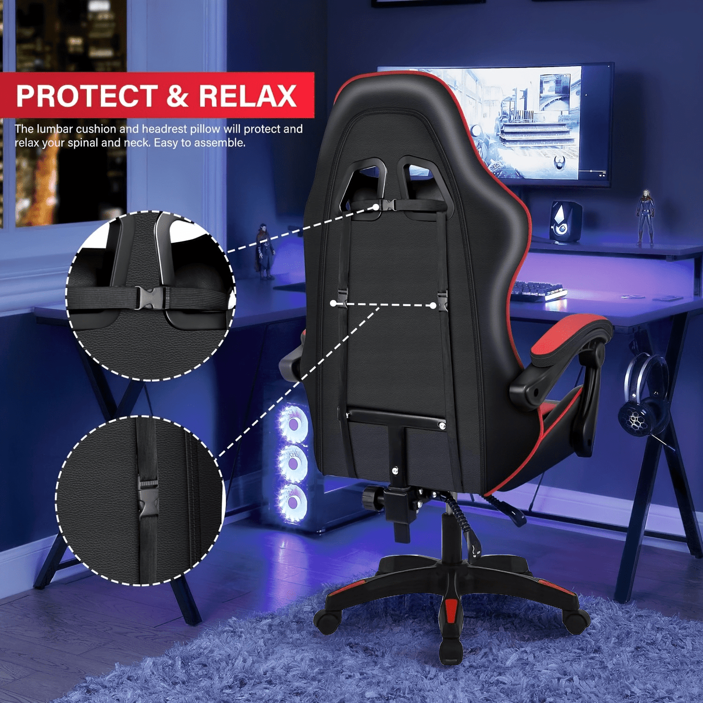 Ergonomic Gaming Chair with Footrest - Heavy - Duty Height - Adjustable Recliner, 360° Swivel & Lumbar Support, Manual Recline Mechanism, Faux - like Texture, Foam Padding & Stainless Steel Frame - PC/Office - GoDiscount