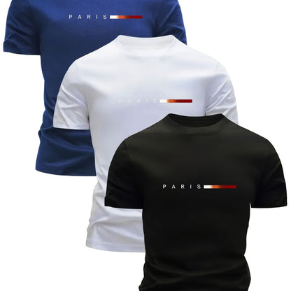 3pcs Men'S Lightweight Breathable T-Shirts - Quick - Dry Moisture - Wicking Round Neck Tops with Paris Print, All - Season Casual & Formal Wear, Sweat - Resistant - GoDiscount