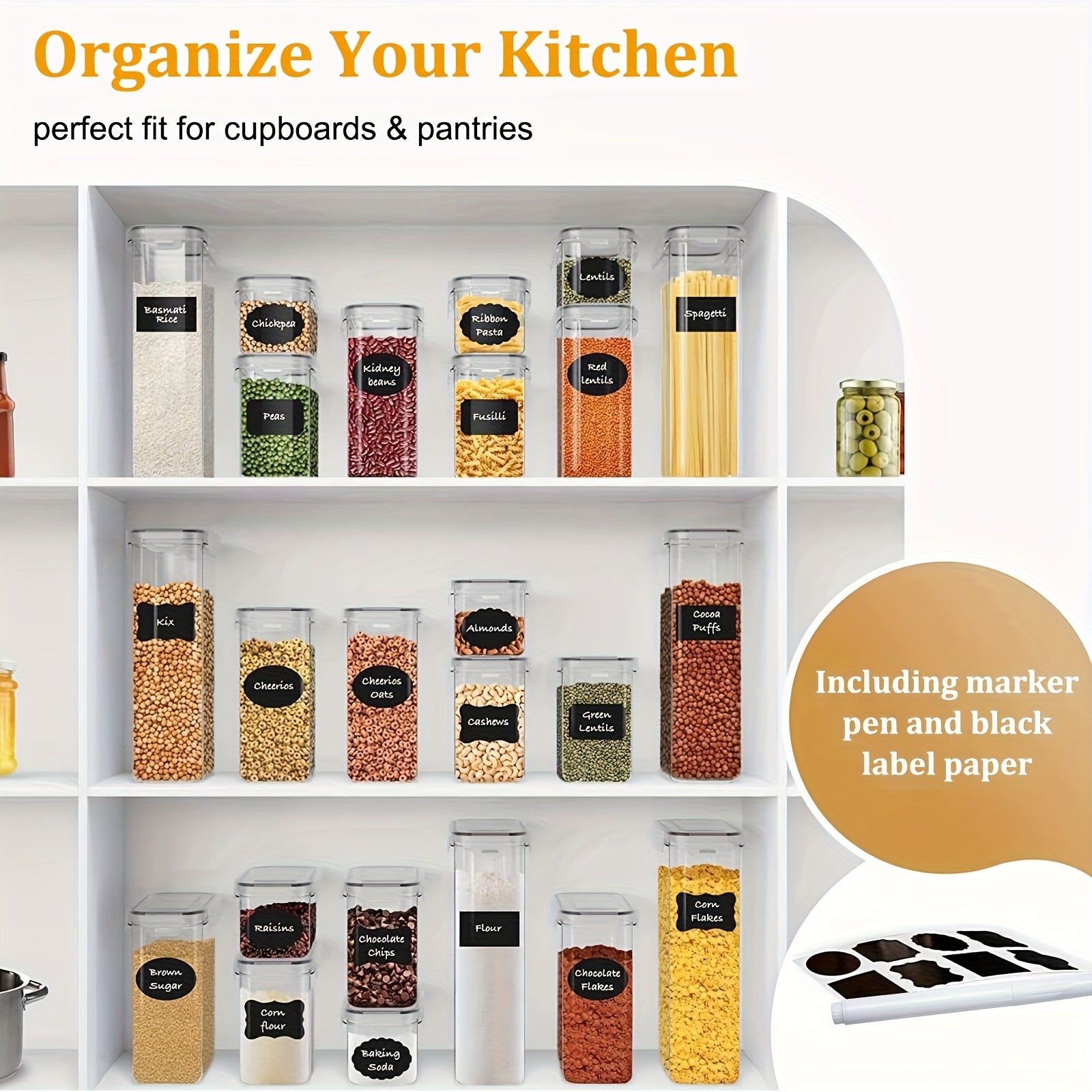 12 Kitchen And Pantry Organizing Containers | BPA - Free, PVC - Free, Food - Grade Plastic Leak - Proof Jars with Lids for Sealing, Suitable for Grains, Flour, Sugar | Includes 6 Lids + 6 Boxes, Extra Labels, Dishwasher Safe, Polypro - GoDiscount