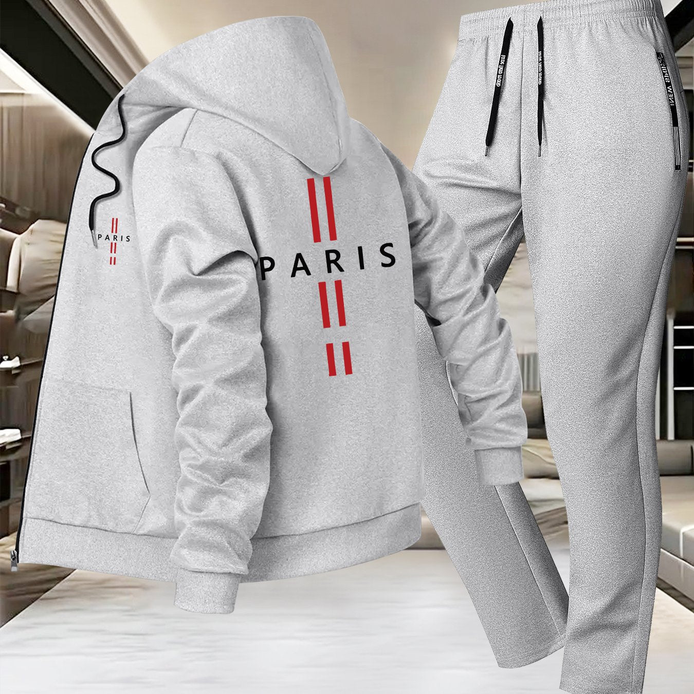 Men'S Trendy Fall/Winter Hooded Jacket and Pants Set, Paris Letter Print Casual Business Suit, Youth Sports Baseball Uniform, Slim Fit with Pockets, Long Sleeve, Stand Collar, Casual Attire| Paris Print Jacket| Functional Poc - GoDiscount