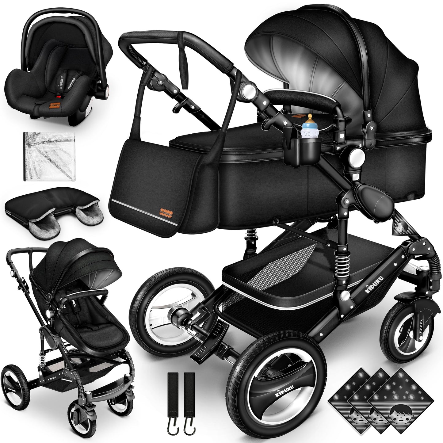 KIDUKU® 3 in 1 complete set XXL, sports seat and car seat, solid rubber tires, diaper bag and accessories, ECE R129 standard