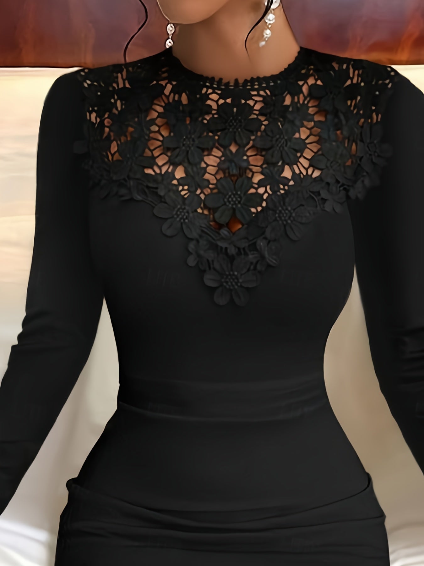 Women's Black Mini Dress Contrast Lace Patchwork Vintage Casual Round Neck Long Sleeve Black and Red - GoDiscount