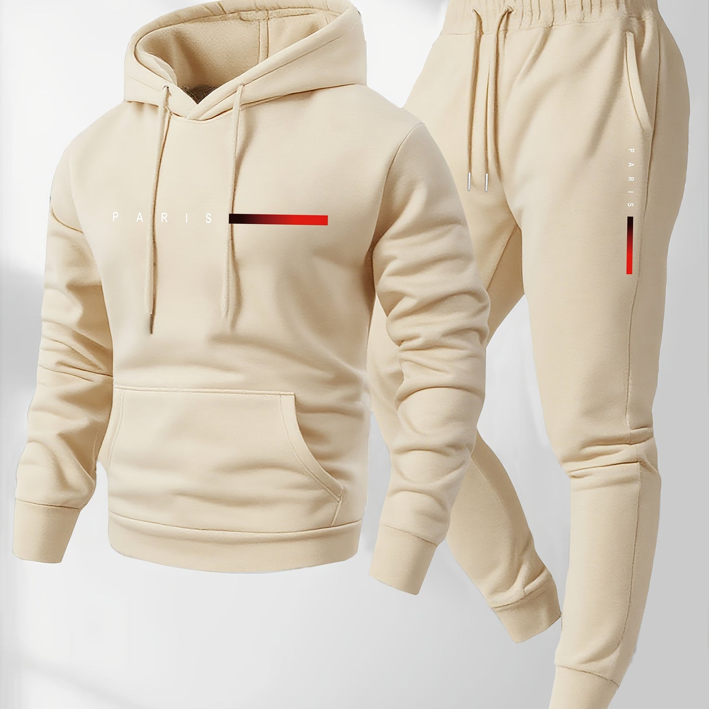 2pcs Men'S Casual Cartoon Paris Letter Drawstring Hoodie and Sports Trousers Set | Hooded, Loose Fit, Slight Stretch Fabric, Patterned for Fall/Winter - GoDiscount