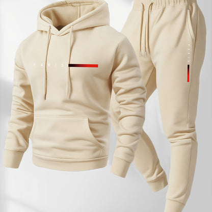 2pcs Men'S Casual Cartoon Paris Letter Drawstring Hoodie and Sports Trousers Set | Hooded, Loose Fit, Slight Stretch Fabric, Patterned for Fall/Winter - GoDiscount