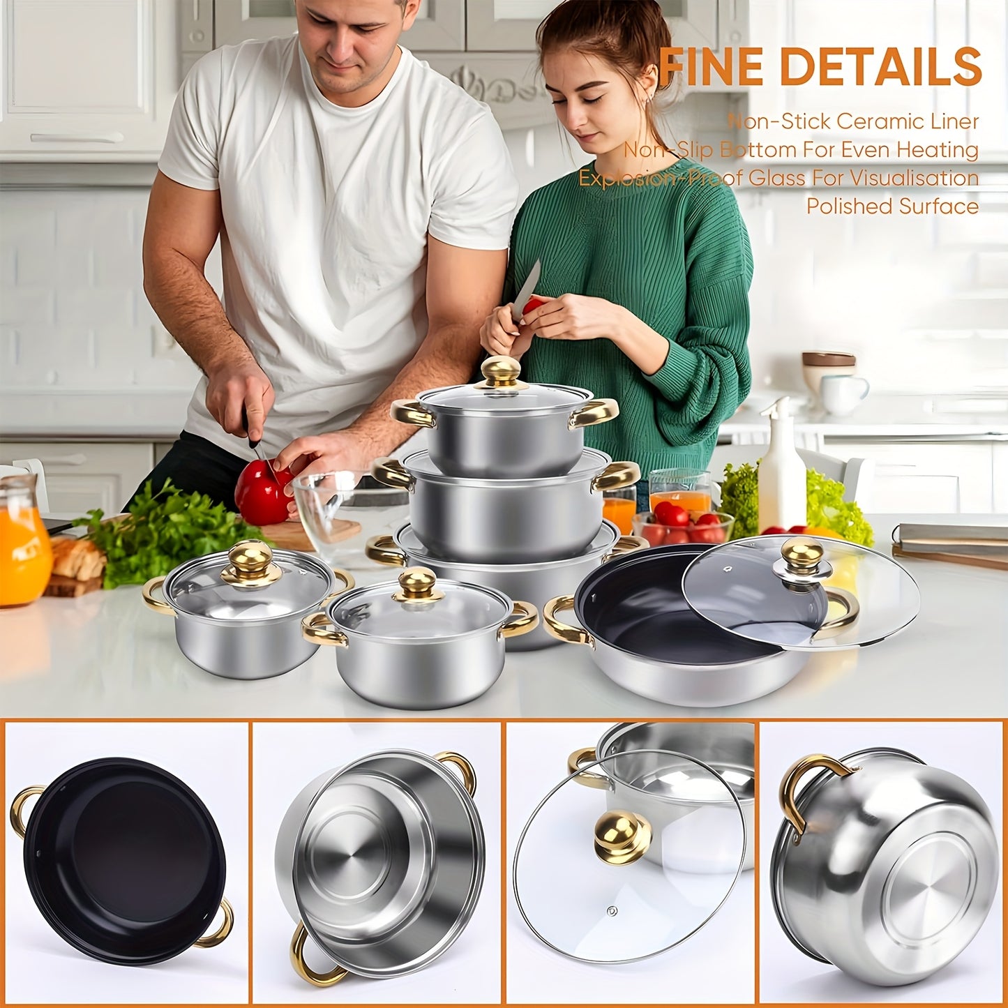 12pcs Stainless Steel Cookware Set, Pots And Pans Set Non Stick, Includes 6 Pot Lids, 410 Stainless Steel Material, Easy to Clean And Scratch - Resistant, Nonstick Cookware, Suitable for Gourmet Cooking And Gift Giving - GoDiscount