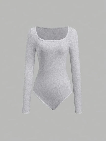 Women'S Slim - Fit Square Neck Long Sleeve Solid Color 3pcs Set - Casual Style, Regular Sleeve, All - Season Wear, No Belt, Chest Pad, Regular Length, Solid Color, Versatile Outfit|Slim Fit Bodysuit| Fabric - GoDiscount