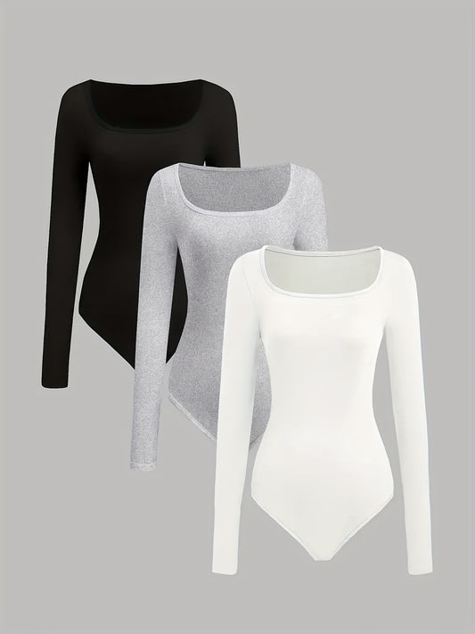 Women'S Slim - Fit Square Neck Long Sleeve Solid Color 3pcs Set - Casual Style, Regular Sleeve, All - Season Wear, No Belt, Chest Pad, Regular Length, Solid Color, Versatile Outfit|Slim Fit Bodysuit| Fabric - GoDiscount