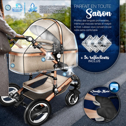 KIDUKU® 3 in 1 complete set XXL, sports seat and car seat, solid rubber tires, diaper bag and accessories, ECE R129 standard