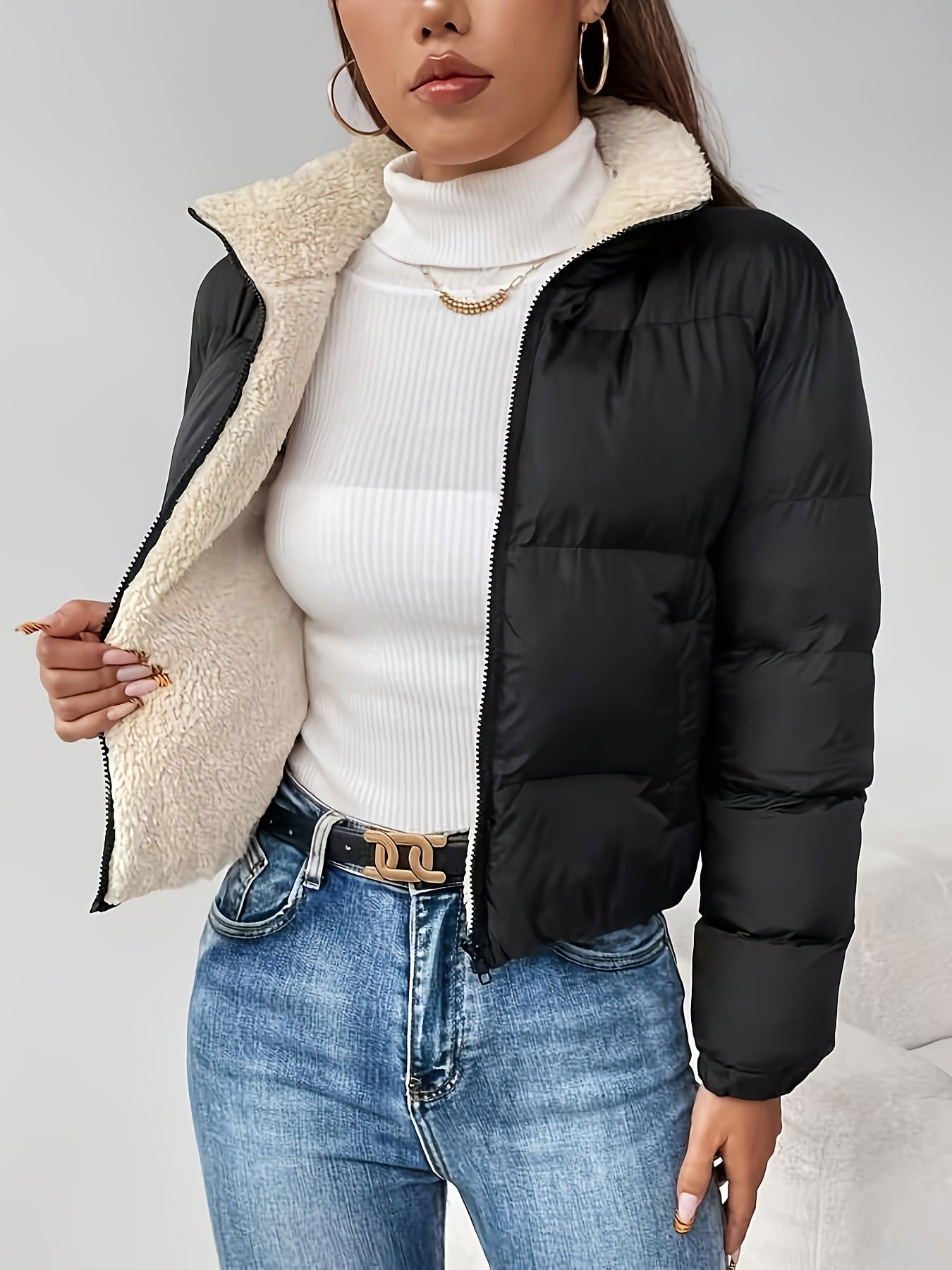 Women's Winter Warm Padded Jacket - Elegant Short Coat with Padding, Thickened Cold - Resistant Outer, Hand Washable Short Length for Dresses/Skirts (Solid Color Casual & Special Occasion Outerwear) - GoDiscount