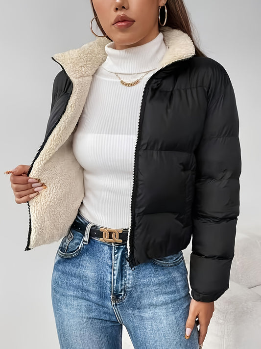 Women's Winter Warm Padded Jacket - Elegant Short Coat with Padding, Thickened Cold - Resistant Outer, Hand Washable Short Length for Dresses/Skirts (Solid Color Casual & Special Occasion Outerwear) - GoDiscount
