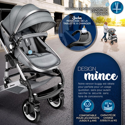 KIDUKU® 3 in 1 complete set XXL, sports seat and car seat, solid rubber tires, diaper bag and accessories, ECE R129 standard