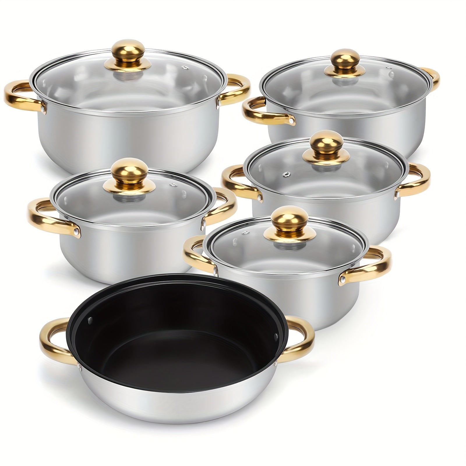 12pcs Stainless Steel Cookware Set, Pots And Pans Set Non Stick, Includes 6 Pot Lids, 410 Stainless Steel Material, Easy to Clean And Scratch - Resistant, Nonstick Cookware, Suitable for Gourmet Cooking And Gift Giving - GoDiscount