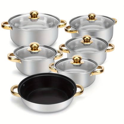 12pcs Stainless Steel Cookware Set, Pots And Pans Set Non Stick, Includes 6 Pot Lids, 410 Stainless Steel Material, Easy to Clean And Scratch - Resistant, Nonstick Cookware, Suitable for Gourmet Cooking And Gift Giving - GoDiscount