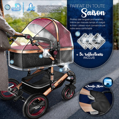 KIDUKU® 3 in 1 complete set XXL, sports seat and car seat, solid rubber tires, diaper bag and accessories, ECE R129 standard