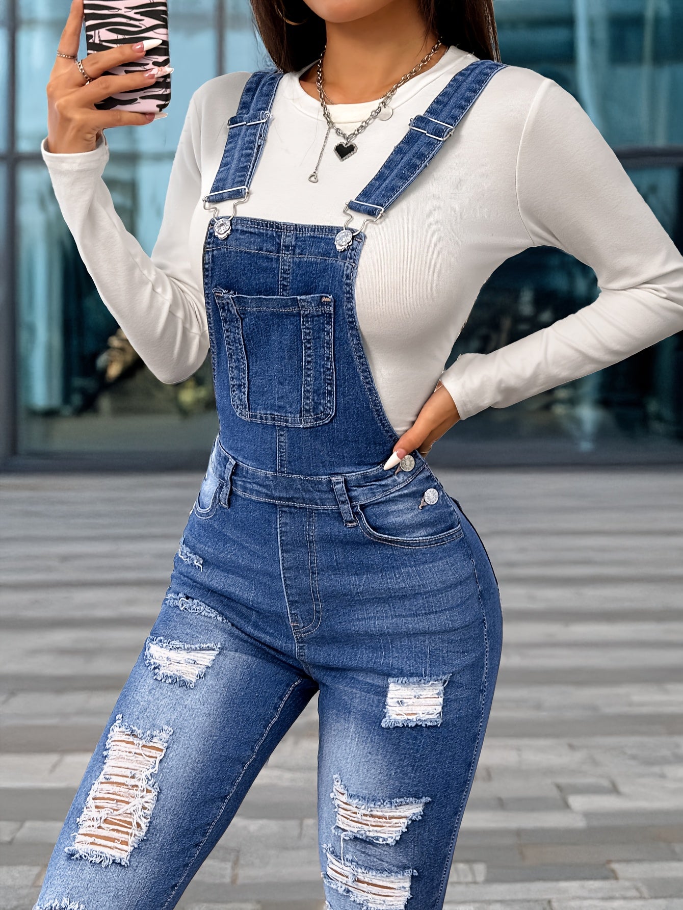 Women'S Casual Denim Overalls & Long Sleeve Top - Stretch Washed Blue with Distressed Details, Adjustable Straps, and Pockets, Perfect for Spring/Summer/Fall, Spring Summer Fashion | Distressed Denim Look | Medium Stretch Fab - GoDiscount