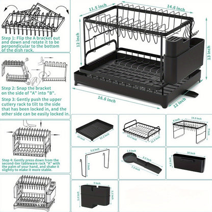 2 - Tier Stainless Steel Dish Drying Rack with Drainboard - Adjustable Rotatable Dish Drainer, Utensil & Cup Holder, Space - Saving Kitchen Counter Organizer for Efficient Drying, Efficient Water Drainage, Highquality Constructio - GoDiscount