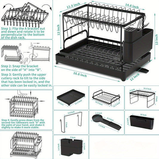 2 - Tier Stainless Steel Dish Drying Rack with Drainboard - Adjustable Rotatable Dish Drainer, Utensil & Cup Holder, Space - Saving Kitchen Counter Organizer for Efficient Drying, Efficient Water Drainage, Highquality Constructio - GoDiscount