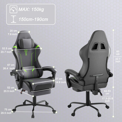 Ergonomic Gaming Chair with Massage Function, Height Adjustable Lumbar & Headrest, 360° Swivel Tilt Back (90° - 155°), Footrest - Heavy - Duty PU Office Computer Chair for, for all - Day - GoDiscount