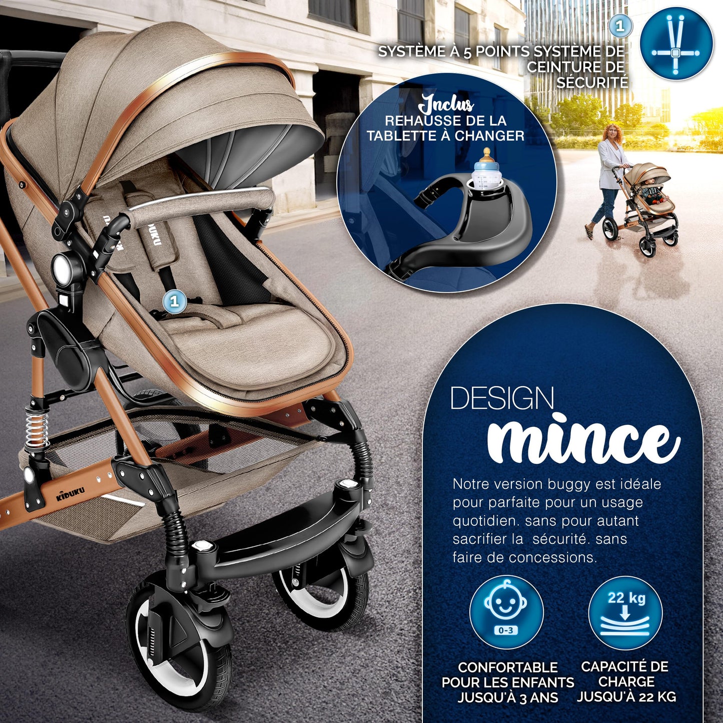KIDUKU® 3 in 1 complete set XXL, sports seat and car seat, solid rubber tires, diaper bag and accessories, ECE R129 standard