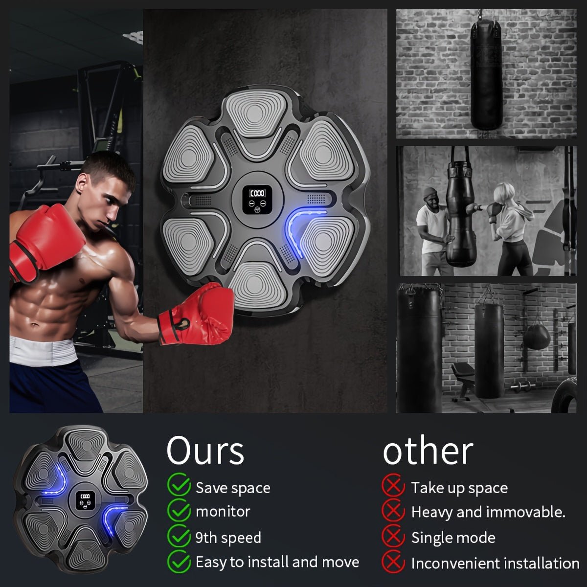 Music Boxing Machine with Boxing Gloves, Boxing Machine Wall Mounted Music, Smart Boxing Equipment, Boxing Music Workout Machine, 9 Modes Speeds - GoDiscount