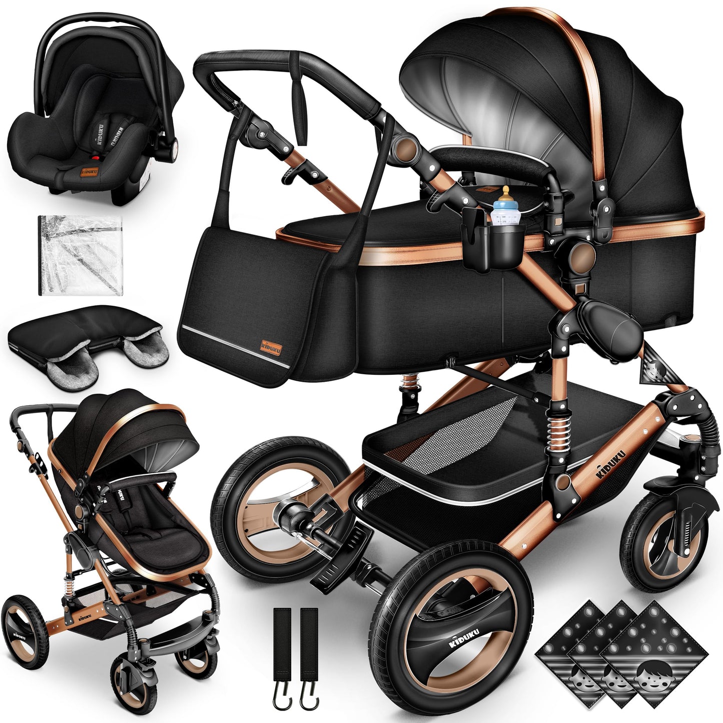 KIDUKU® 3 in 1 complete set XXL, sports seat and car seat, solid rubber tires, diaper bag and accessories, ECE R129 standard