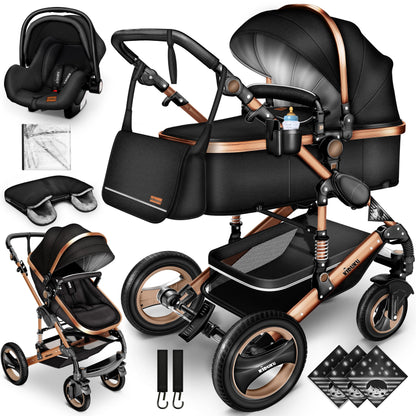 KIDUKU® 3 in 1 complete set XXL, sports seat and car seat, solid rubber tires, diaper bag and accessories, ECE R129 standard